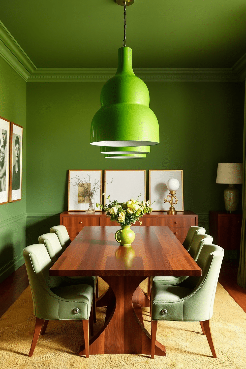 A striking green dining room features bold green pendant lights hanging gracefully above a sleek wooden dining table. The table is surrounded by elegant upholstered chairs in a complementary shade, creating a sophisticated yet inviting atmosphere.