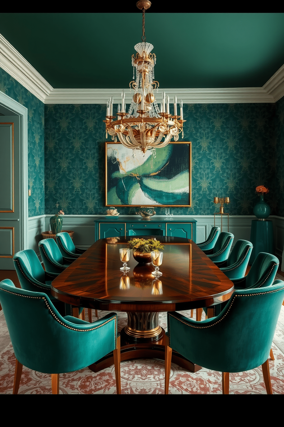 A luxurious dining room featuring a rich green color palette complemented by gold accents. The centerpiece is a grand wooden dining table with a glossy finish, surrounded by plush emerald green chairs with gold legs. The walls are adorned with elegant green wallpaper that has subtle gold patterns, creating a sophisticated backdrop. A stunning chandelier with gold detailing hangs above the table, casting a warm glow over the space. To enhance the ambiance, a large piece of abstract art in green and gold tones is displayed on one wall. A stylish sideboard in a deep green hue holds exquisite dinnerware and decorative objects, adding to the room's opulence.