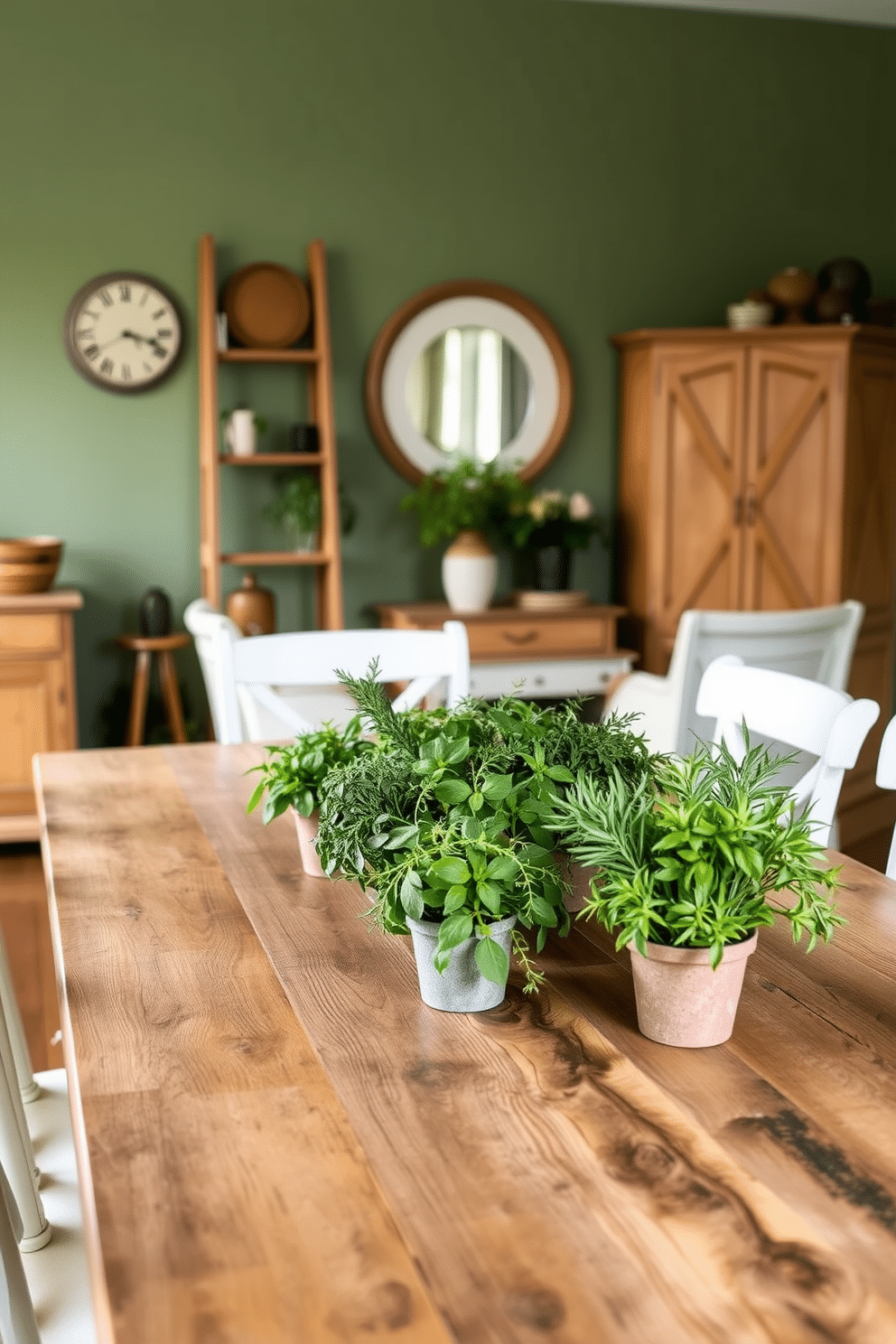 Fresh herb centerpieces for a natural touch. A rustic wooden table is adorned with small pots of fresh herbs like basil, rosemary, and thyme, creating an inviting atmosphere. Green dining room design ideas. The walls are painted a soft sage green, complemented by a mix of natural wood and white furniture, enhancing the organic feel of the space.