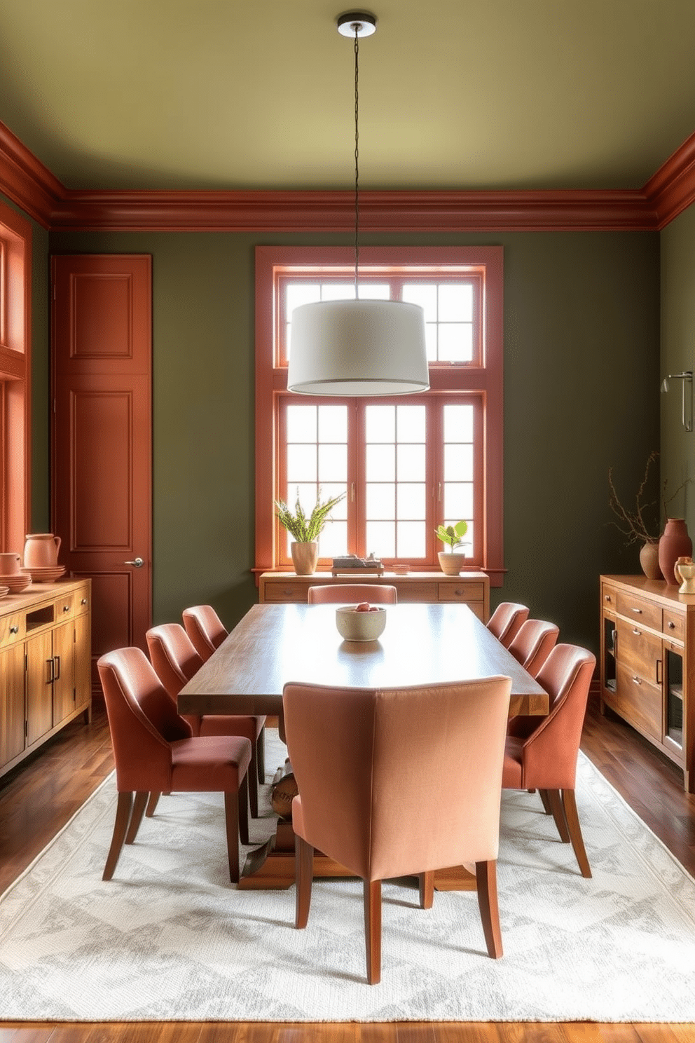 A cozy dining room featuring earthy moss green walls complemented by terracotta accents on the trim and decor. A large wooden dining table is centered in the room, surrounded by upholstered chairs in a warm terracotta hue, with a statement pendant light hanging above. On one side, a sideboard in a natural wood finish displays terracotta dishes and decorative plants. The floor is adorned with a soft area rug that ties together the earthy tones, while large windows allow natural light to flood the space, enhancing the inviting atmosphere.