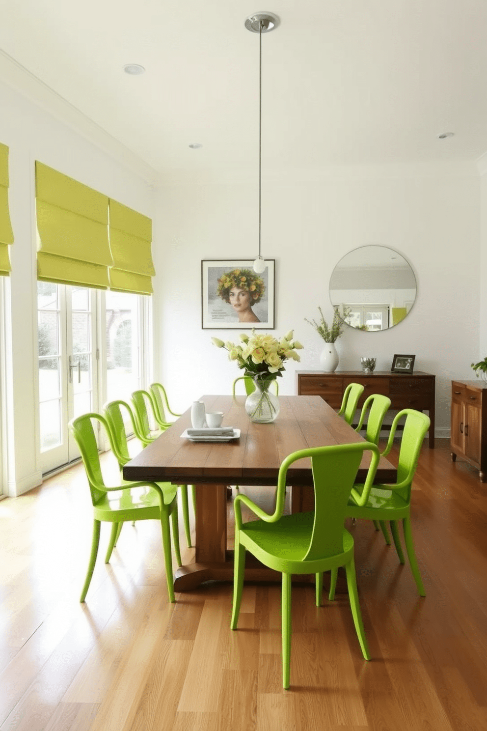 A vibrant dining room featuring bold lime green chairs surrounding a polished oak table. The walls are painted in a soft white, enhancing the brightness of the furniture while large windows allow natural light to flood the space.