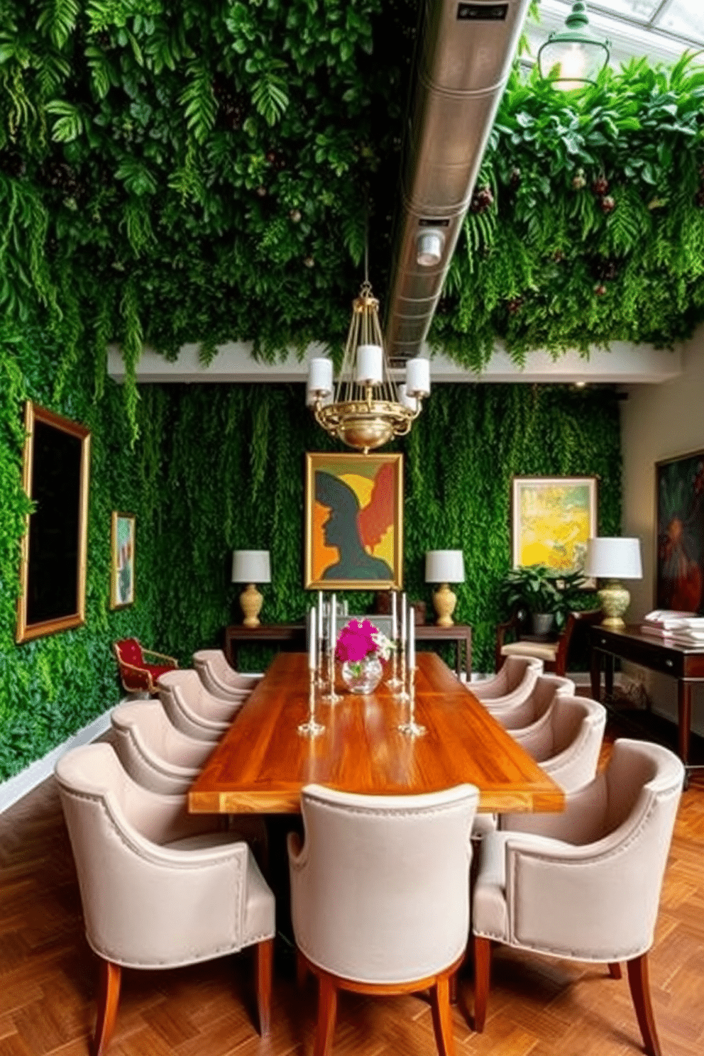 A vibrant dining room featuring layered greens on the walls and ceiling, creating a lush and inviting atmosphere. Colorful art pieces adorn the walls, adding pops of color and personality to the space, while a large wooden dining table sits at the center, surrounded by elegant upholstered chairs.