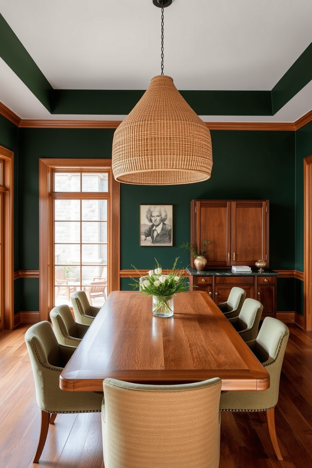 A deep forest green dining room is accented with rich natural wood tones, creating a warm and inviting atmosphere. The centerpiece is a large wooden dining table surrounded by elegantly upholstered chairs that complement the lush wall color. Large windows allow natural light to filter in, highlighting the textures of the wood and the vibrant green hues. An oversized pendant light made of woven natural fibers hangs above the table, adding a touch of organic elegance to the space.