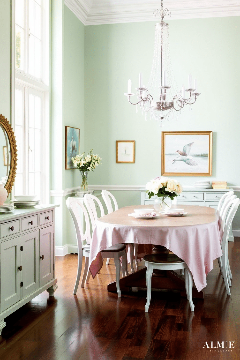 A serene dining room featuring soft mint green walls that create a calming atmosphere. The space is adorned with pastel decor, including a light pink tablecloth draped over a rustic wooden dining table surrounded by elegant white chairs. A large, round chandelier with delicate floral motifs hangs above the table, casting a warm glow. To one side, a sideboard in a matching mint green complements the decor, displaying pastel-colored dishware and a vase of fresh flowers.