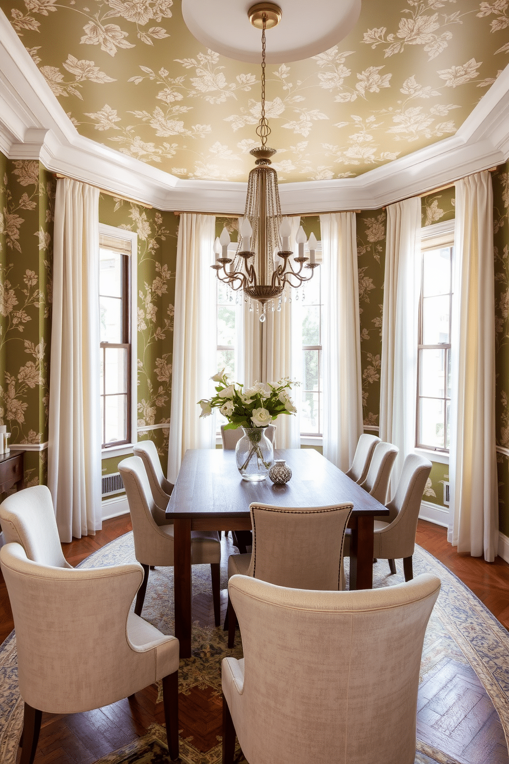 A stylish dining room featuring olive green wallpaper adorned with intricate botanical prints. The space includes a large wooden dining table surrounded by upholstered chairs in a complementary neutral fabric. Natural light floods the room through tall windows dressed with sheer white curtains. A statement chandelier hangs above the table, adding elegance and warmth to the atmosphere.