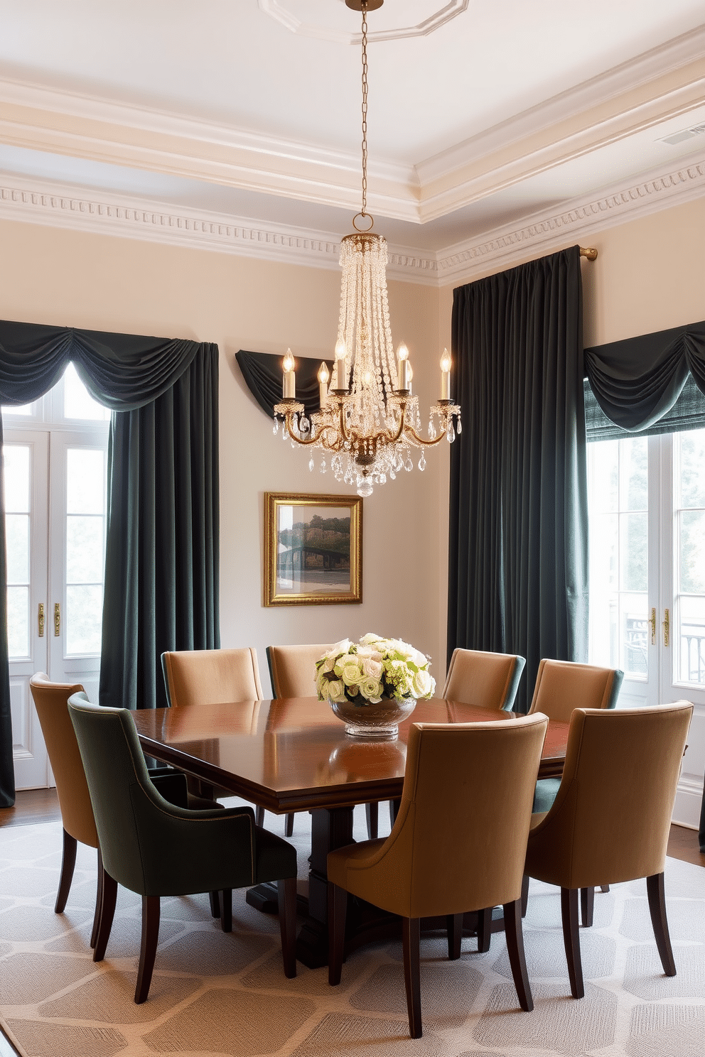 A sophisticated dining room featuring dark green velvet curtains that add a touch of elegance and warmth to the space. The room is adorned with a large wooden dining table surrounded by upholstered chairs in complementary colors, creating an inviting atmosphere for gatherings. The walls are painted in a soft cream hue, enhancing the richness of the curtains while allowing natural light to flow in. A statement chandelier hangs above the table, casting a warm glow and adding a luxurious focal point to the room.