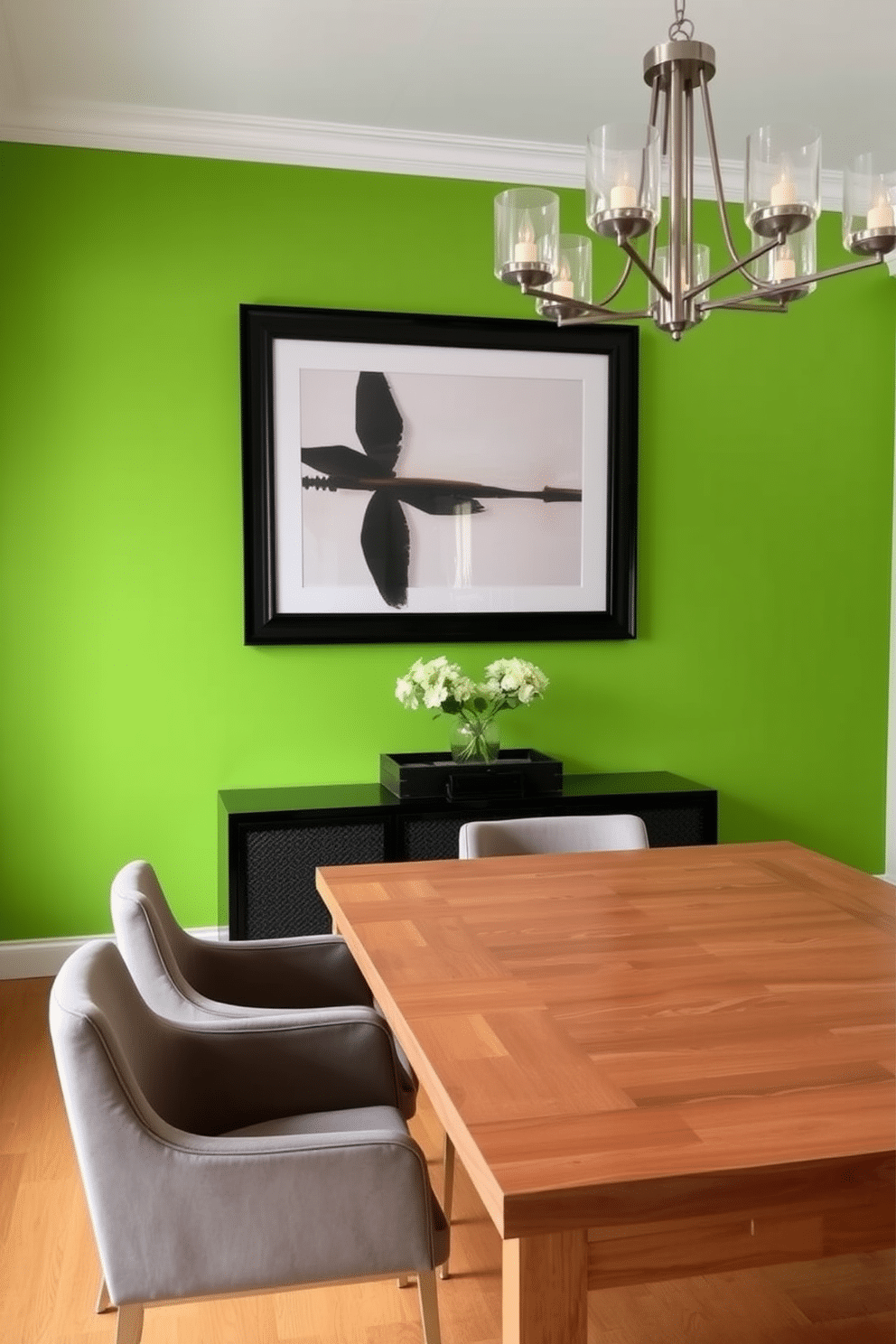 A bright green accent wall serves as the focal point of the dining room, creating a vibrant and energetic atmosphere. A large piece of contemporary art hangs centrally, adding a touch of sophistication and personality to the space. The dining table is a sleek wooden design, surrounded by modern upholstered chairs that complement the bold wall color. Soft, ambient lighting from a stylish chandelier enhances the inviting feel, making it perfect for both casual meals and elegant gatherings.