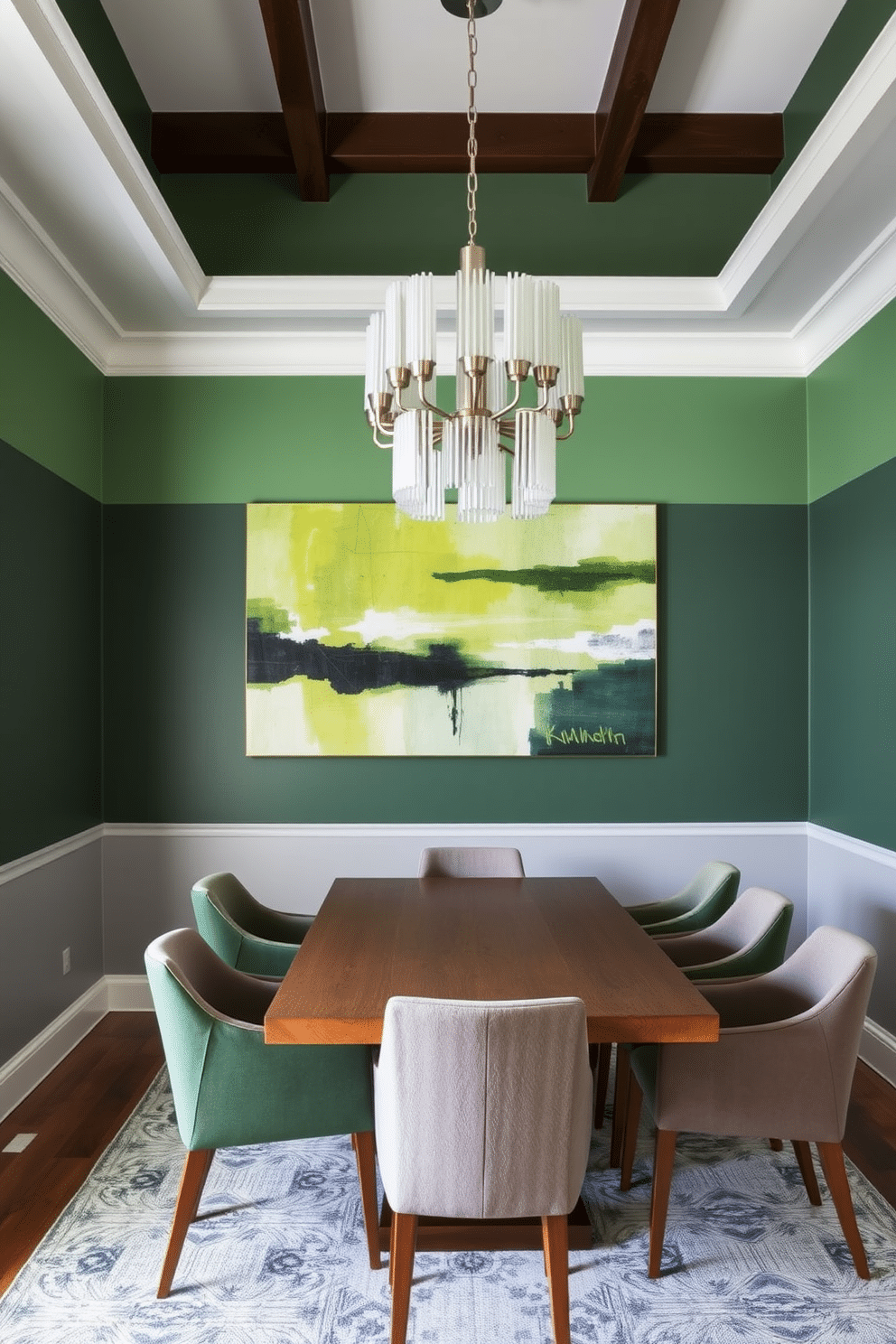 A stylish dining room featuring a green and gray color-blocked design. The walls are divided horizontally, with a rich green hue on the upper half and a soft gray on the lower half, creating a modern and inviting atmosphere. In the center, a sleek wooden dining table is surrounded by upholstered chairs in various shades of green and gray. A statement chandelier hangs above the table, adding a touch of elegance, while a large abstract painting in complementary colors adorns the wall.