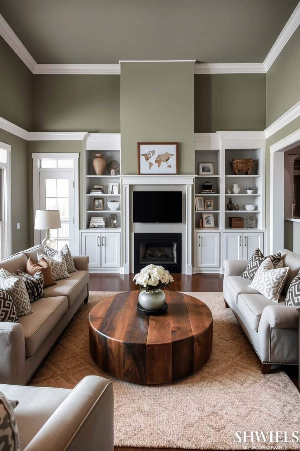 Sage green walls with white trim create a calming backdrop for a stylish family room. The space features a plush sectional sofa in a neutral fabric, paired with a mix of patterned throw pillows for added texture. A large, round coffee table made of reclaimed wood sits at the center, surrounded by a cozy area rug that complements the color scheme. To enhance the room's warmth, a modern fireplace is framed by built-in shelves displaying curated decor and family photos.