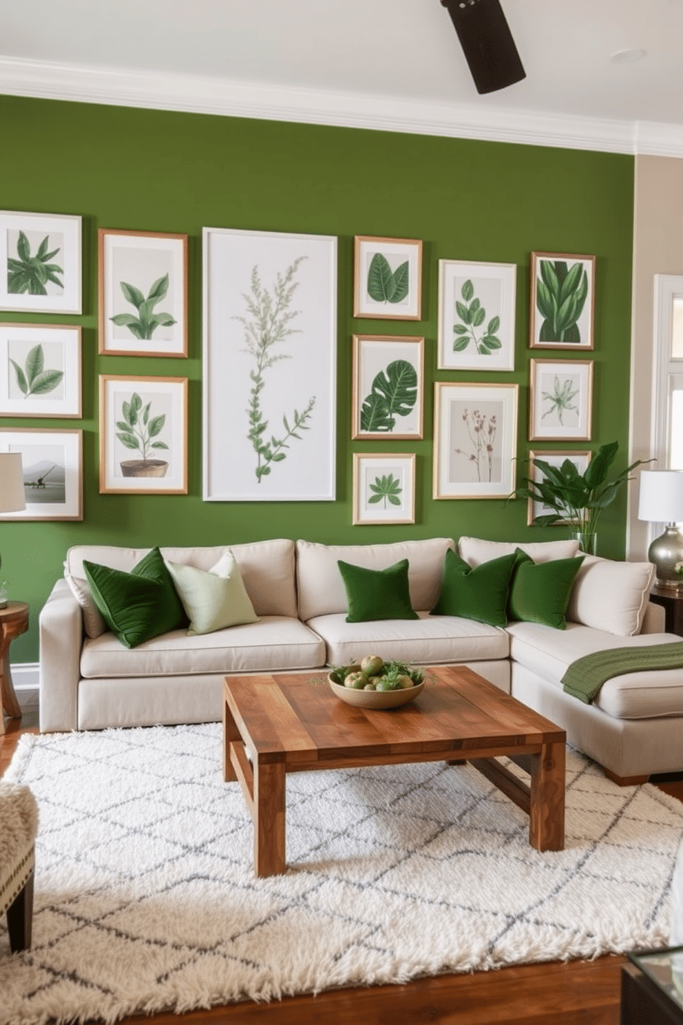 A vibrant green gallery wall adorned with various nature-inspired artworks creates a refreshing focal point in the room. The art pieces feature botanical prints, landscapes, and abstract representations of natural elements, all framed in elegant, minimalist frames. The family room is designed with a cozy sectional sofa in neutral tones, complemented by plush green accent pillows. A reclaimed wood coffee table sits at the center, surrounded by soft area rugs that add warmth and texture to the space.