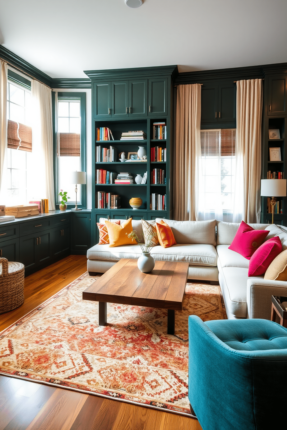 A cozy family room featuring dark green cabinetry integrated into built-in shelves that showcase an array of books and decorative items. The space is accented with a plush sectional sofa in neutral tones, complemented by a large area rug that adds warmth to the hardwood floor. Natural light pours in through large windows adorned with soft, sheer curtains, enhancing the inviting atmosphere. A coffee table made of reclaimed wood sits at the center, surrounded by vibrant throw pillows that add pops of color to the room.