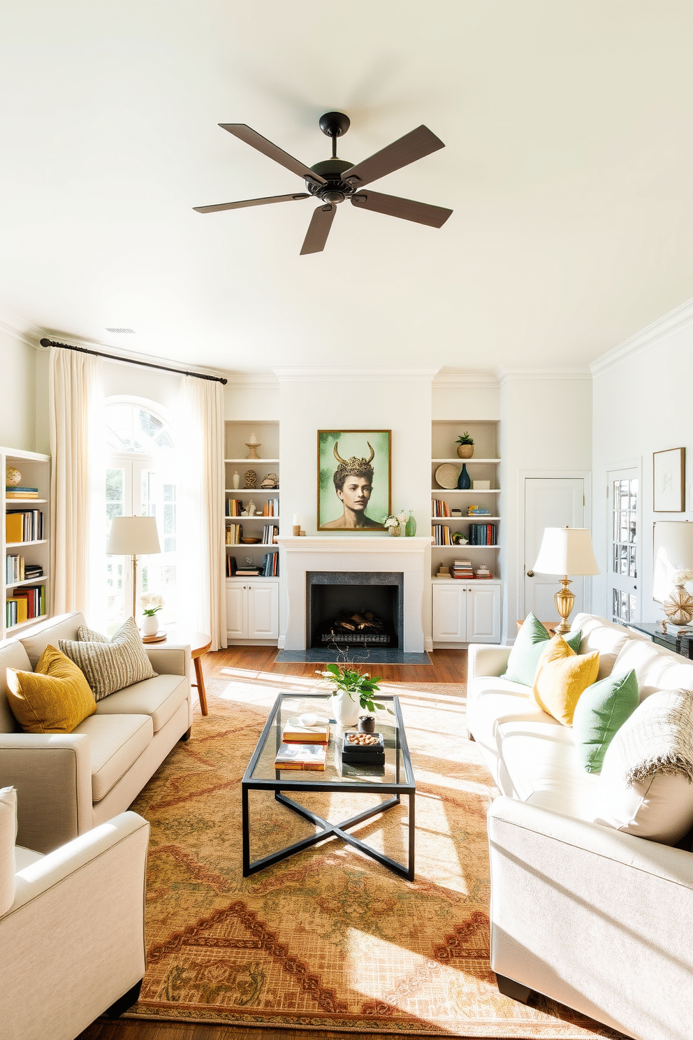 A light green ceiling enhances the airy feel of the family room, creating a serene atmosphere. The walls are painted in a soft white, complemented by plush, neutral-toned furniture that invites relaxation. Large windows allow natural light to flood the space, adorned with sheer curtains that gently diffuse sunlight. A cozy area rug anchors the seating arrangement, featuring a mix of textures and patterns for visual interest. Accent pillows in varying shades of green and gold add pops of color to the sofas, while a stylish coffee table serves as a focal point. Shelves lined with books and decorative objects reflect a personal touch, making the room both functional and inviting.