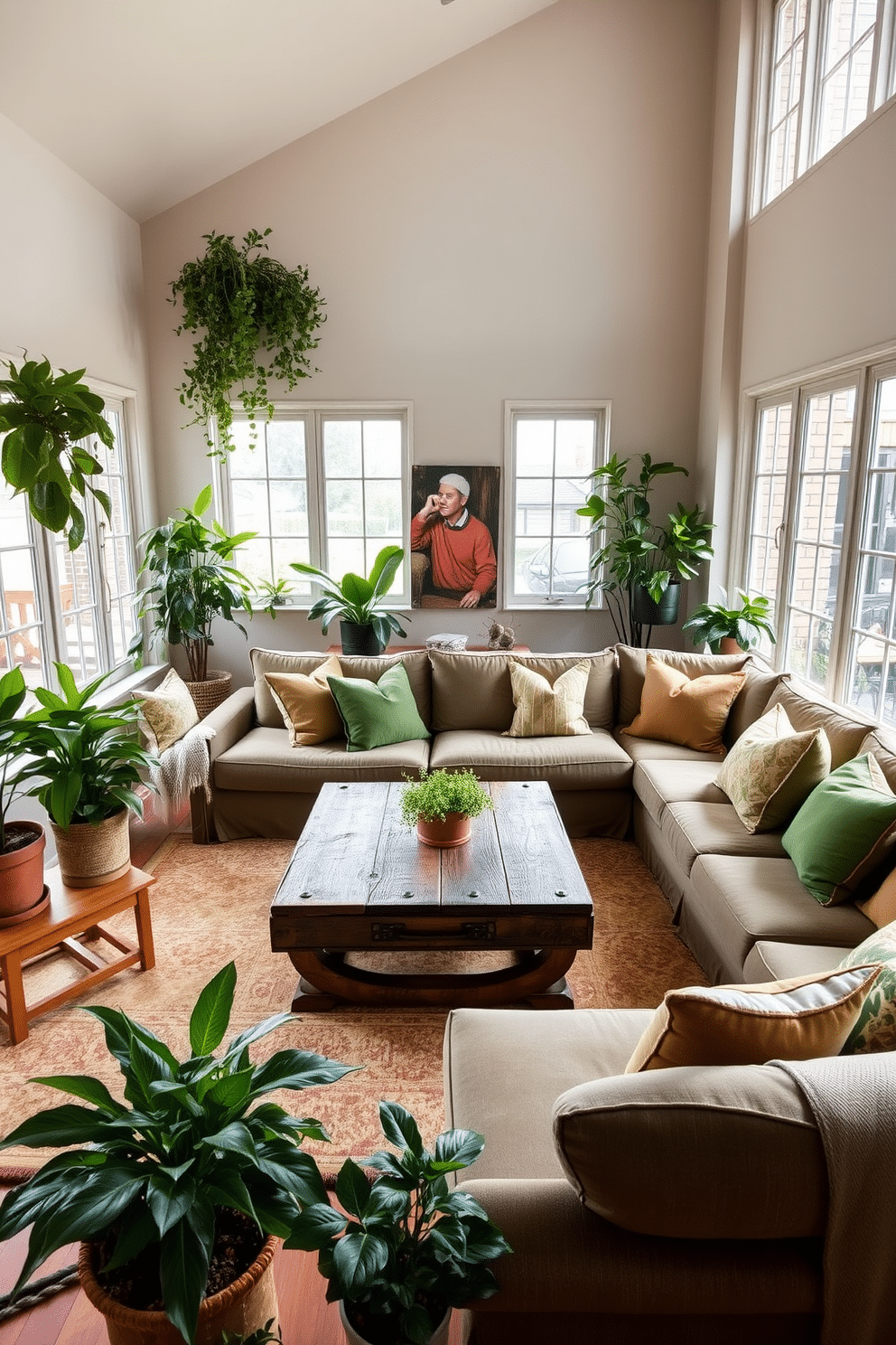 A cozy family room infused with herbal green plants creates a fresh and inviting atmosphere. The space features a large, comfortable sectional sofa adorned with vibrant green and earthy-toned cushions, complemented by a rustic wooden coffee table at the center. Lush potted plants are strategically placed throughout the room, bringing a touch of nature indoors. The walls are painted in a soft, neutral shade, while large windows allow natural light to flood in, enhancing the room's warmth and openness.