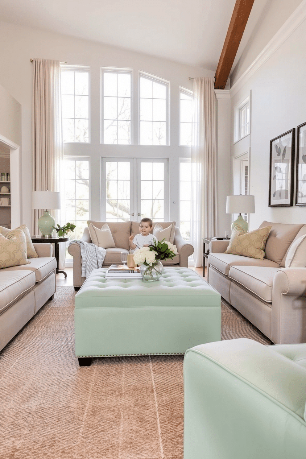 A pastel green ottoman serves as the focal point in a cozy family room, surrounded by soft beige sofas and a textured area rug. The walls are painted in a warm white, accented with framed botanical prints, while natural light pours in through large windows draped with sheer curtains.