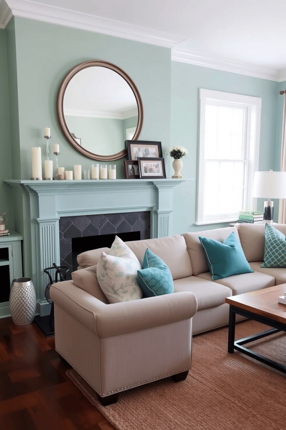 A seafoam green fireplace mantel is elegantly styled with a collection of assorted candles in varying heights and a few framed family photos. Above the mantel, a large round mirror reflects the natural light coming from the nearby window, enhancing the room's airy feel. The family room features a cozy sectional sofa in a neutral fabric, accented with vibrant throw pillows that complement the seafoam green tones. A textured area rug anchors the space, while a wooden coffee table adds warmth and serves as a functional centerpiece.