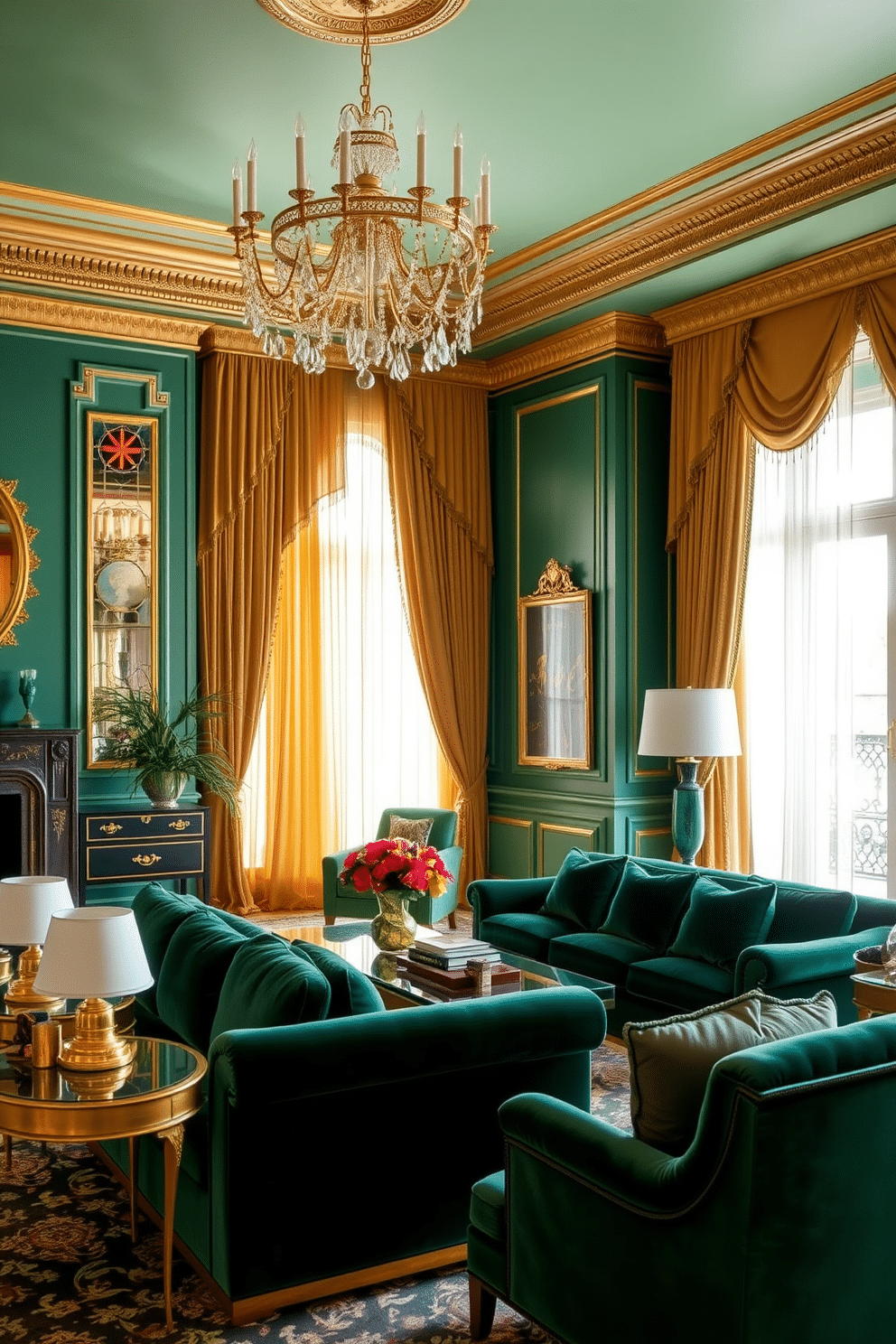 A luxurious family room adorned with green and gold decor. The walls are painted a rich emerald hue, complemented by gold accents in the light fixtures and decorative elements. A plush velvet sofa in a deep green tone is paired with gold-trimmed side tables. Large windows draped with flowing, sheer gold curtains allow natural light to fill the space, creating an inviting atmosphere.