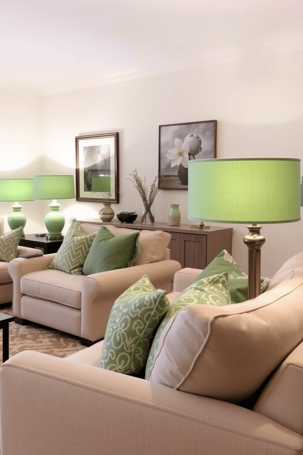 A cozy family room featuring muted green table lamps that provide soft, ambient lighting. The space is adorned with plush seating in neutral tones, complemented by a large area rug that adds warmth and texture. The walls are painted a light cream, enhancing the room's brightness while allowing the green lamps to stand out. Decorative throw pillows in various shades of green and patterns add a touch of personality and comfort to the seating arrangements.