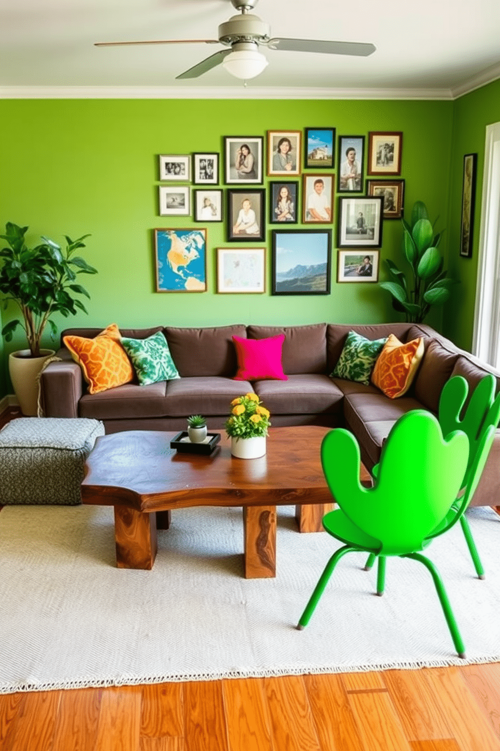 A vibrant family room featuring a lush green color palette, anchored by a plush sectional sofa adorned with colorful throw pillows. The focal point is a stylish coffee table made of reclaimed wood, surrounded by cactus green dining chairs that add a striking contrast to the space. Natural light floods the room through large windows, highlighting a gallery wall of family photos and art pieces. A soft area rug in neutral tones ties the room together, creating a cozy atmosphere perfect for gatherings.