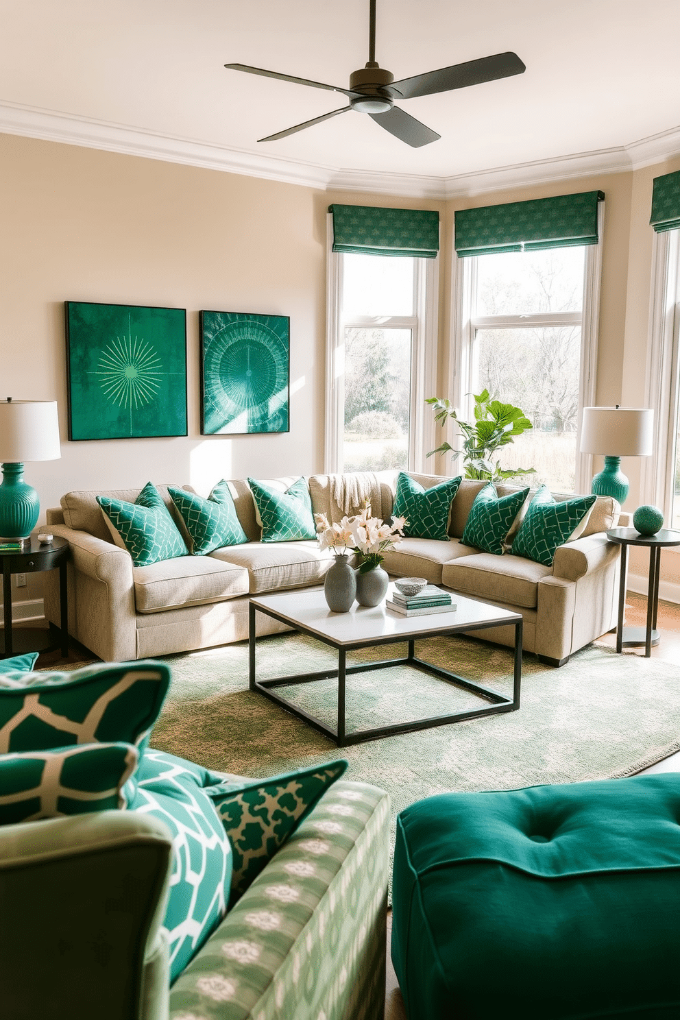 A vibrant family room featuring green geometric patterns on textiles, including throw pillows and a cozy area rug. The walls are painted a soft beige, complementing the rich green hues and creating a warm, inviting atmosphere. In the center of the room, a plush sectional sofa is adorned with patterned cushions, while a sleek coffee table sits atop the geometric rug. Large windows allow natural light to flood the space, highlighting the unique textures and colors throughout the room.