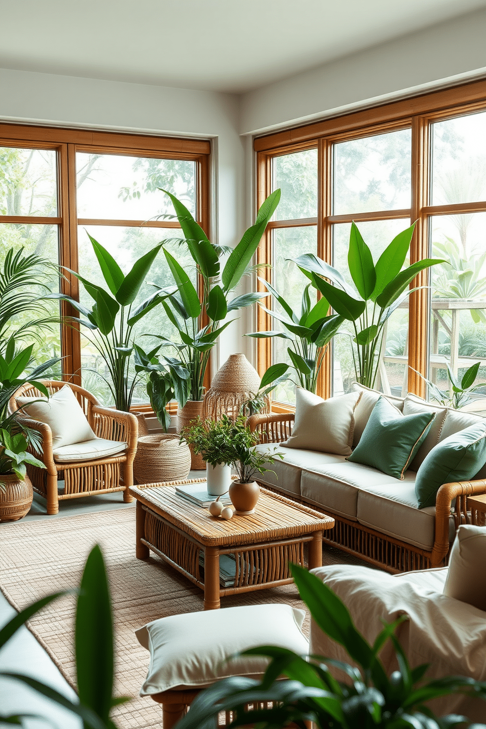 A serene family room featuring bamboo furniture that adds a natural touch. The room is adorned with lush green accents, including plants and cushions, creating a harmonious and calming atmosphere. Large windows allow abundant natural light to flood the space, highlighting the earthy textures of the bamboo. A cozy seating arrangement invites relaxation, complemented by soft, organic textiles in shades of green and cream.