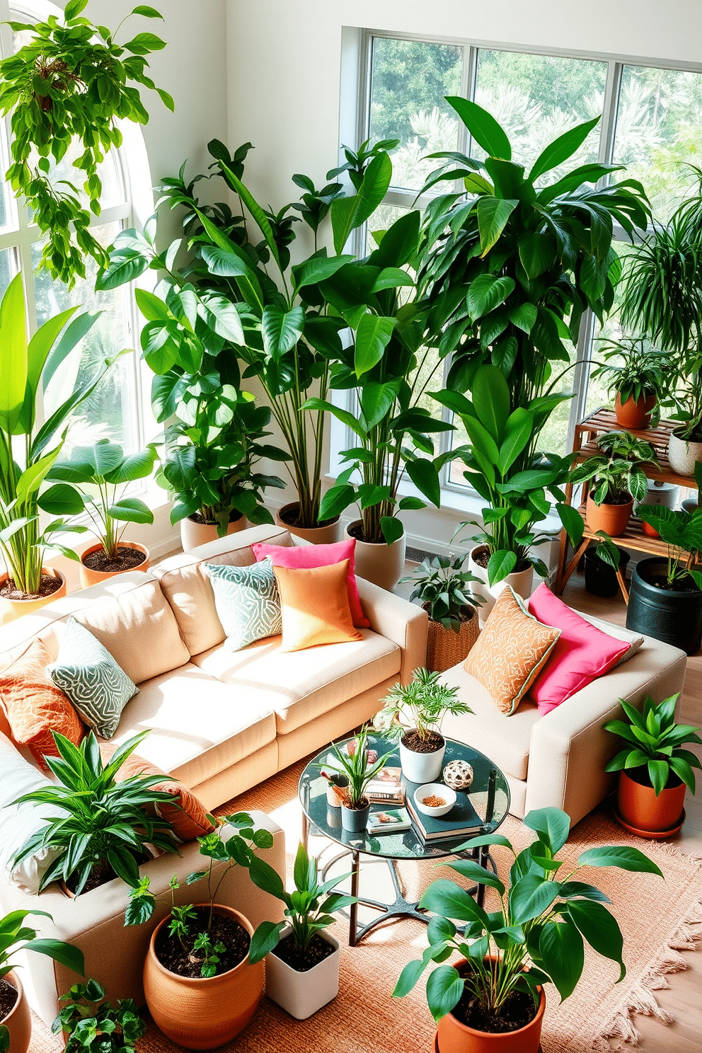 A vibrant family room filled with lush green indoor plants that bring life and energy to the space. The room features a cozy sectional sofa in a soft beige fabric, accented with colorful throw pillows that complement the greenery. Large potted plants are strategically placed in the corners, while smaller plants adorn the coffee table and shelves. Natural light floods the room through large windows, enhancing the fresh and inviting atmosphere.