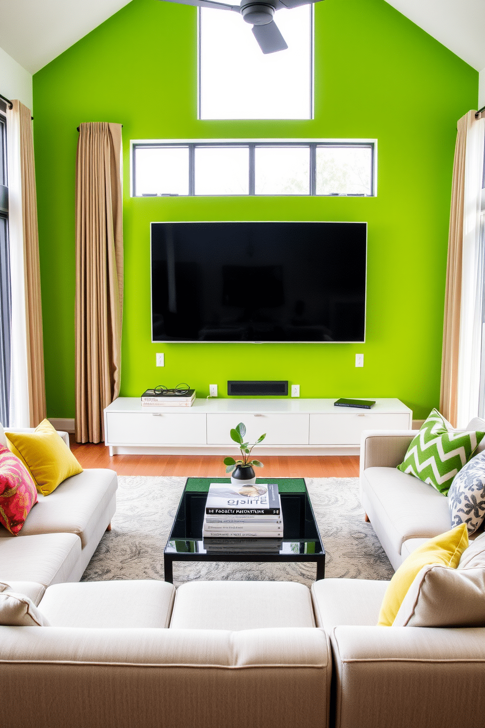 Bright green accent wall behind a sleek, modern TV, creating a vibrant focal point in the room. The family room features a plush sectional sofa in neutral tones, complemented by colorful throw pillows that echo the green accent. A stylish coffee table sits at the center, adorned with a stack of design books and a small potted plant. Large windows allow natural light to flood the space, while sheer curtains add an airy feel to the overall design.