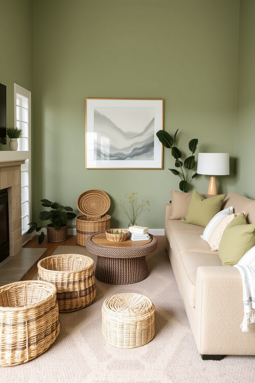 A cozy family room featuring subtle green tones, with woven baskets strategically placed around the space for texture and warmth. The walls are painted in a soft sage hue, complementing the natural fibers of the baskets, while a plush sectional sofa invites relaxation and conversation.