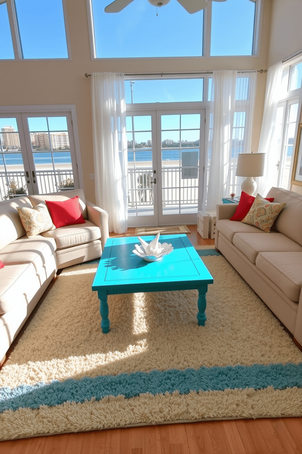 Aqua green coffee table sits at the center of a cozy family room, surrounded by soft, beige upholstered sofas and vibrant throw pillows. Large windows allow natural light to flood the space, while sheer white curtains flutter gently in the ocean breeze. The walls are painted a light sandy beige, complementing the beachy theme, and a plush area rug in shades of blue and cream anchors the seating area. Decorative elements include seashell accents and framed beach landscapes, creating a relaxed and inviting atmosphere.