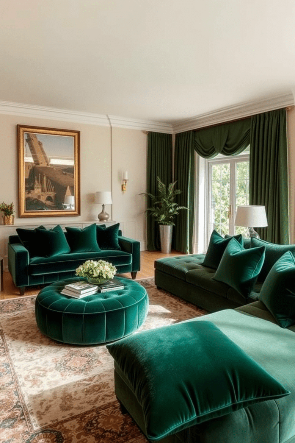 A luxurious family room featuring deep green velvet cushions that add a touch of opulence to the space. The room is adorned with a plush sectional sofa, and a large area rug anchors the seating arrangement, complementing the rich color palette. The walls are painted in a soft cream hue, providing a warm backdrop for the vibrant green accents. Large windows allow natural light to flood the room, highlighting the elegant decor and creating an inviting atmosphere for family gatherings.