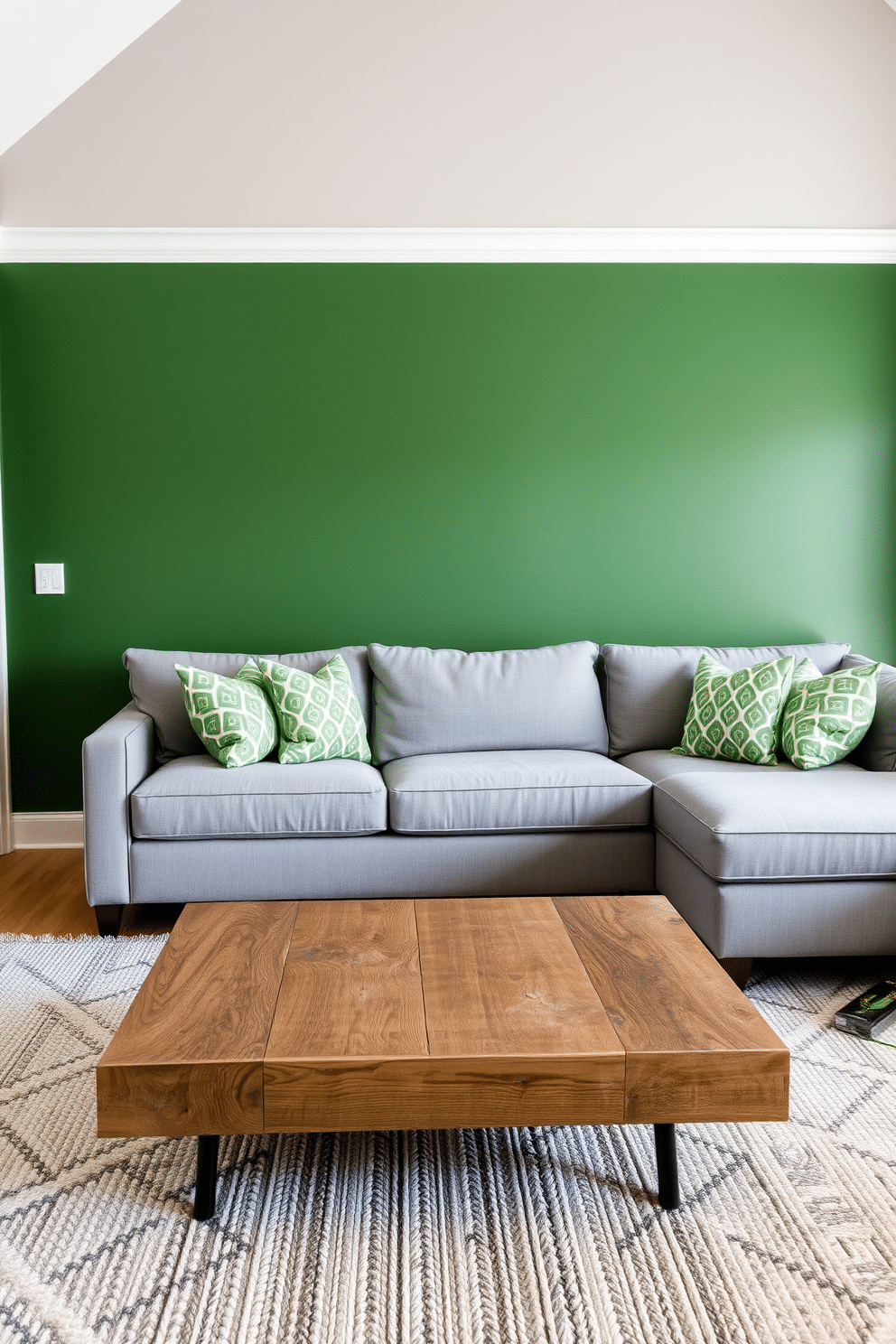 A sophisticated family room featuring a green and gray color scheme. The walls are painted a soft gray, while the accent wall boasts a deep forest green, creating a calming yet elegant atmosphere. A plush gray sectional sofa is adorned with green and white patterned throw pillows. In front of the sofa, a sleek coffee table made of reclaimed wood sits atop a textured area rug that ties the colors together.