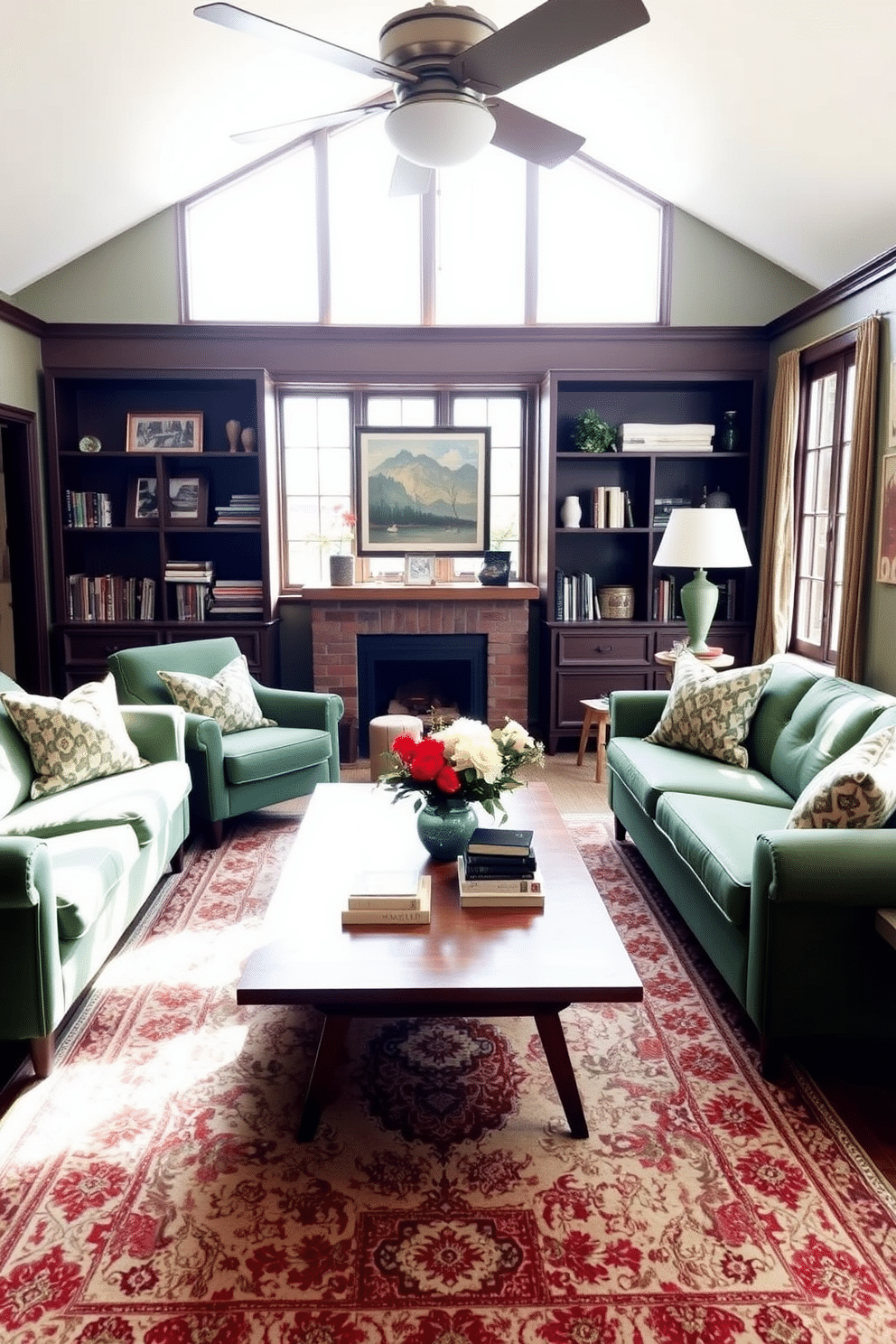 A cozy family room featuring vintage green furniture that exudes a retro charm. The space is accented with patterned throw pillows and a classic area rug, creating a warm and inviting atmosphere. The walls are adorned with vintage artwork, and a stylish coffee table sits at the center, surrounded by comfortable seating. Large windows allow natural light to flood the room, highlighting the unique character of the furnishings.