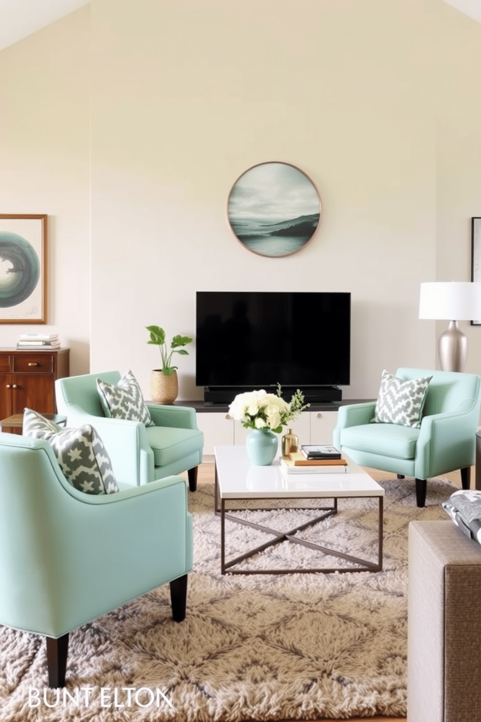 A stylish family room featuring mint green accent chairs paired with a sleek, modern coffee table. The walls are painted in a soft beige, creating a warm and inviting atmosphere, while a plush area rug anchors the seating arrangement.