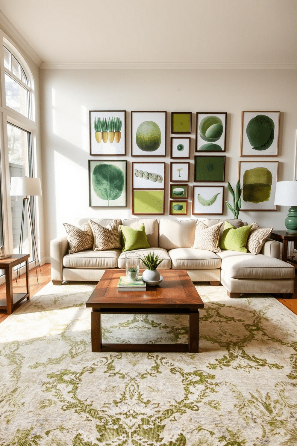 A cozy family room featuring olive green artwork that complements the overall design. The space includes a plush sectional sofa adorned with textured throw pillows and a large area rug that ties the color scheme together. Natural light floods the room through large windows, highlighting the olive green accents in the artwork. A wooden coffee table sits in the center, surrounded by stylish side tables and a gallery wall showcasing various pieces of art in coordinating shades.