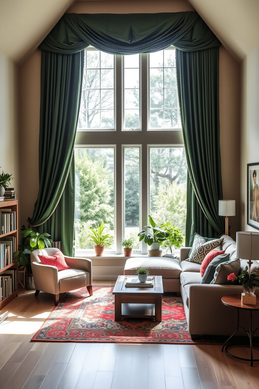 A cozy family room bathed in natural light features forest green curtains that elegantly frame large windows. The space is adorned with a plush sectional sofa in neutral tones, complemented by a wooden coffee table and a vibrant area rug that adds warmth to the room. In one corner, a stylish bookshelf displays an array of books and decorative items, while a few potted plants bring a touch of nature indoors. The walls are painted in a soft beige, creating a serene backdrop for the inviting atmosphere of the family room.