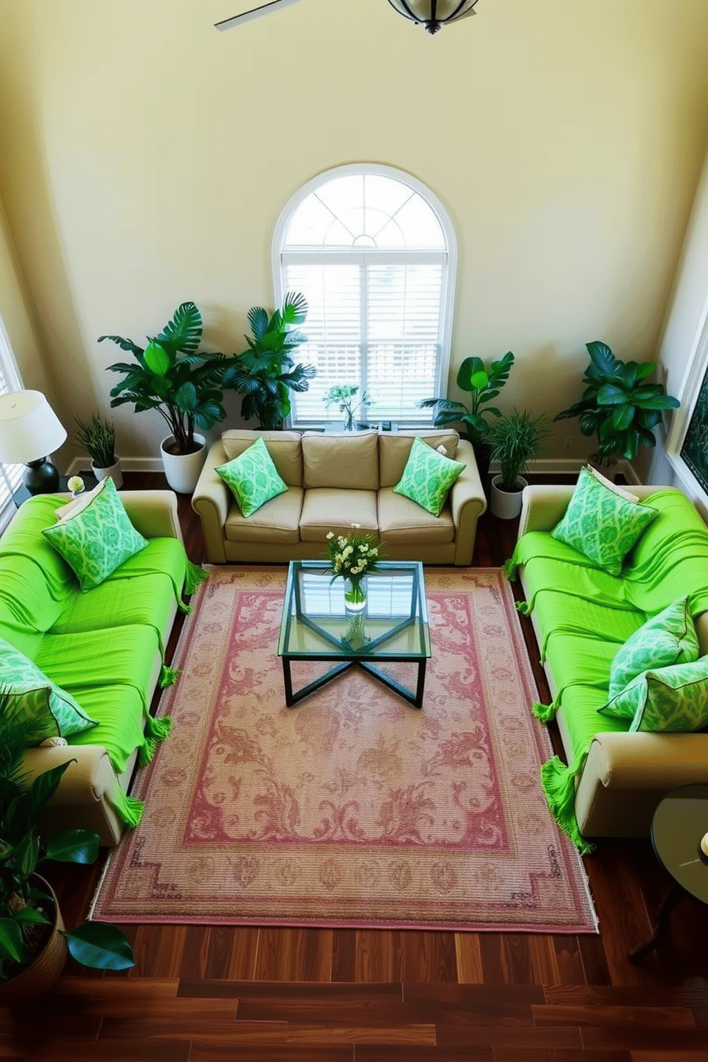 A vibrant family room featuring lime green throw blankets draped over plush sofas, creating a lively and inviting atmosphere. The walls are painted in a soft beige, complementing the bright accents and enhancing the overall warmth of the space. A large area rug in neutral tones anchors the seating arrangement, while a coffee table with a glass top adds a touch of elegance. Potted plants in the corners bring in a refreshing natural element, harmonizing with the lively green hues throughout the room.