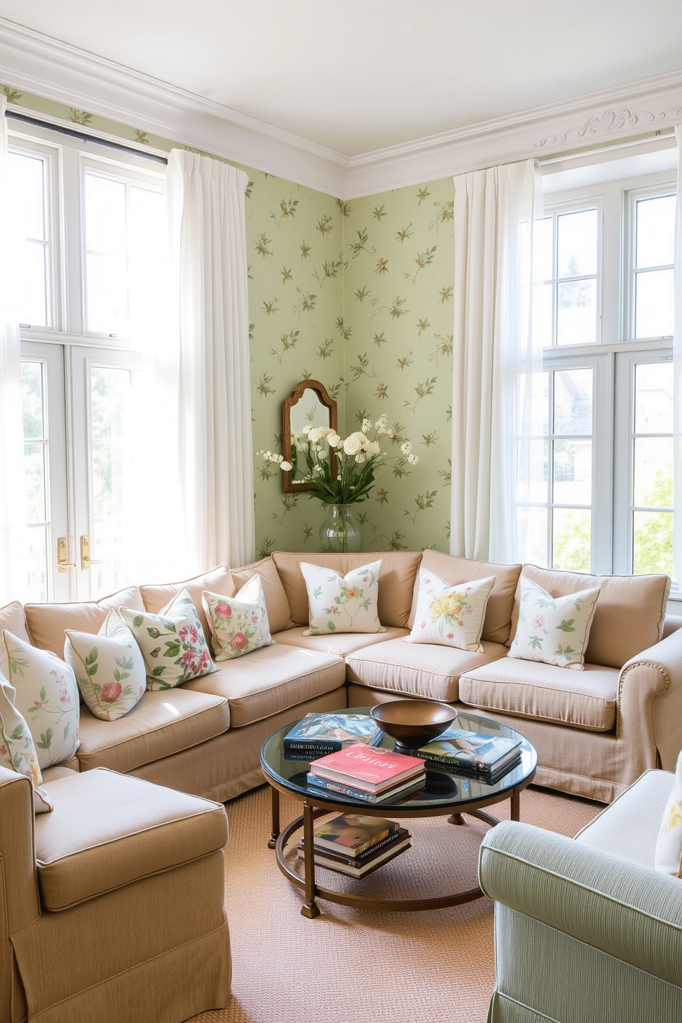 A cozy family room adorned with pale green wallpaper featuring delicate floral prints. The space is filled with a plush sectional sofa in a neutral tone, complemented by colorful throw pillows that echo the floral patterns. Natural light floods the room through large windows, adorned with sheer white curtains that allow for a soft, airy feel. A round coffee table sits at the center, surrounded by an assortment of books and a decorative bowl, inviting relaxation and conversation.