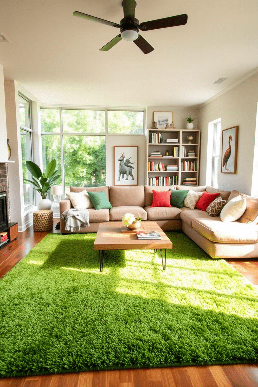 A cozy family room featuring an emerald green area rug that adds warmth and texture to the space. The room is adorned with a plush sectional sofa in a neutral tone, complemented by colorful throw pillows that echo the green of the rug. Natural light floods in through large windows, highlighting the soft wooden coffee table at the center. In the corner, a stylish bookshelf is filled with books and decorative items, creating an inviting atmosphere for relaxation and family gatherings.