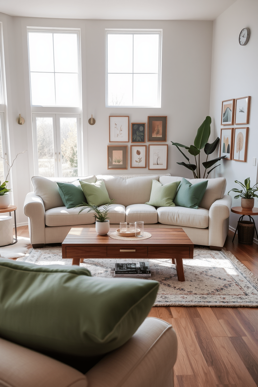 A cozy family room featuring a neutral sofa adorned with soft green cushions that add a touch of tranquility. The room is illuminated by natural light streaming through large windows, enhancing the inviting atmosphere. In the background, a wooden coffee table sits atop a plush area rug, creating a perfect gathering space. A gallery wall with framed art pieces in earthy tones complements the overall design, while a few indoor plants bring life to the space.