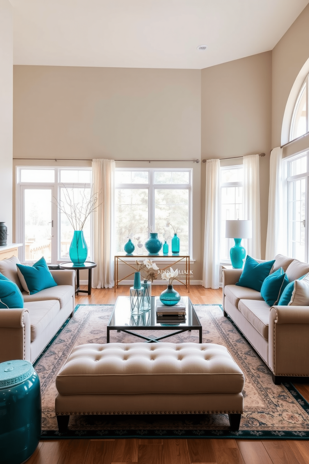 A cozy family room featuring teal accents in decorative vases strategically placed throughout the space. The walls are painted in a soft beige, complemented by plush seating in neutral tones and vibrant teal throw pillows. Natural light floods the room through large windows adorned with sheer white curtains. A stylish coffee table sits at the center, surrounded by an inviting area rug that ties together the teal and beige color scheme.