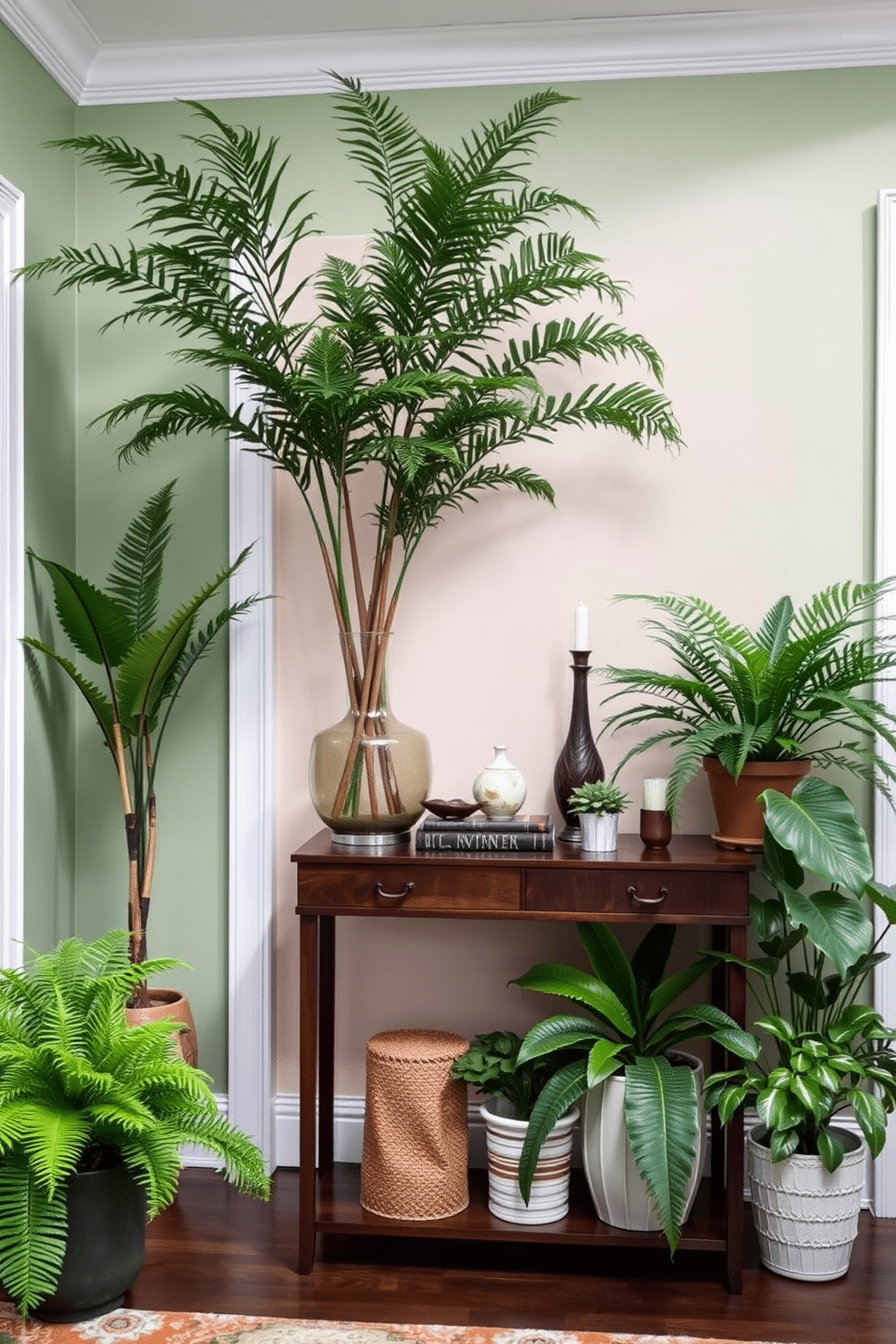 Lush indoor plants create a vibrant ambiance, filling the space with life and color. Strategically placed ferns and tropical plants in decorative pots add a touch of nature to any room. For a green foyer design, envision a welcoming entrance with a statement plant as the focal point. Soft green walls complement the natural elements, while a stylish console table displays curated decor and additional greenery.