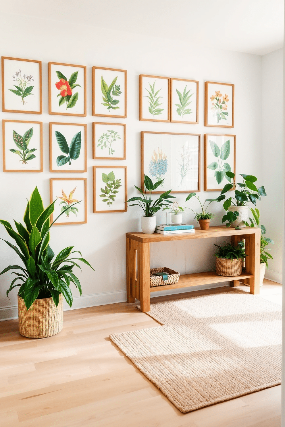 A bright and inviting foyer adorned with botanical prints that enhance the sense of greenery. The walls are painted a soft white, showcasing a gallery of vibrant botanical art framed in natural wood. A stylish console table made of reclaimed wood sits against the wall, topped with potted plants and decorative books. The floor features a light-colored hardwood, and a woven rug adds texture and warmth to the space.