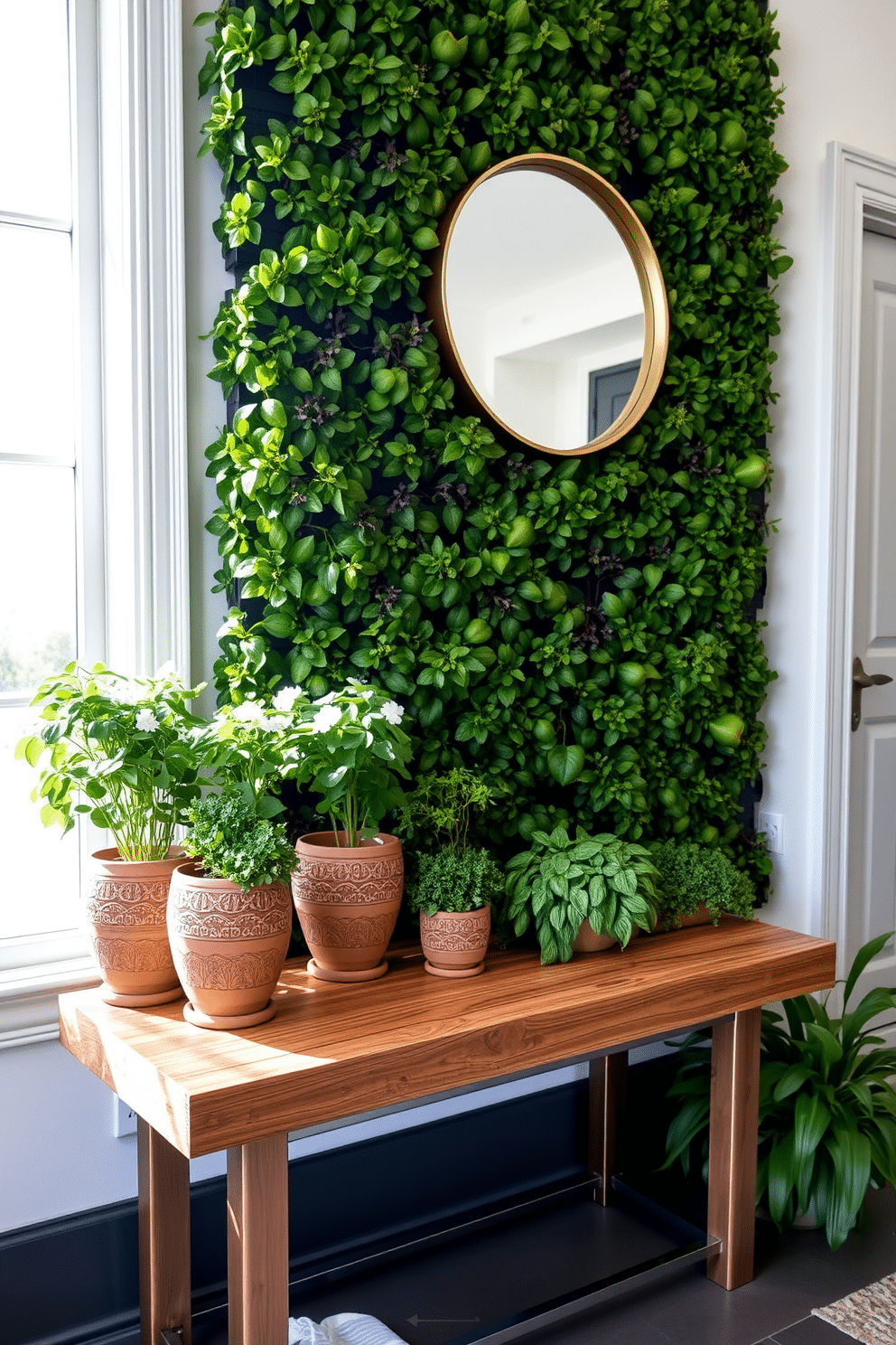 Fresh herbs in decorative pots. The pots are made of terracotta and feature intricate designs, arranged on a wooden shelf by a sunlit window. Green foyer design ideas. The foyer is adorned with a lush vertical garden wall, complemented by a sleek console table made of reclaimed wood and a stylish round mirror above it.