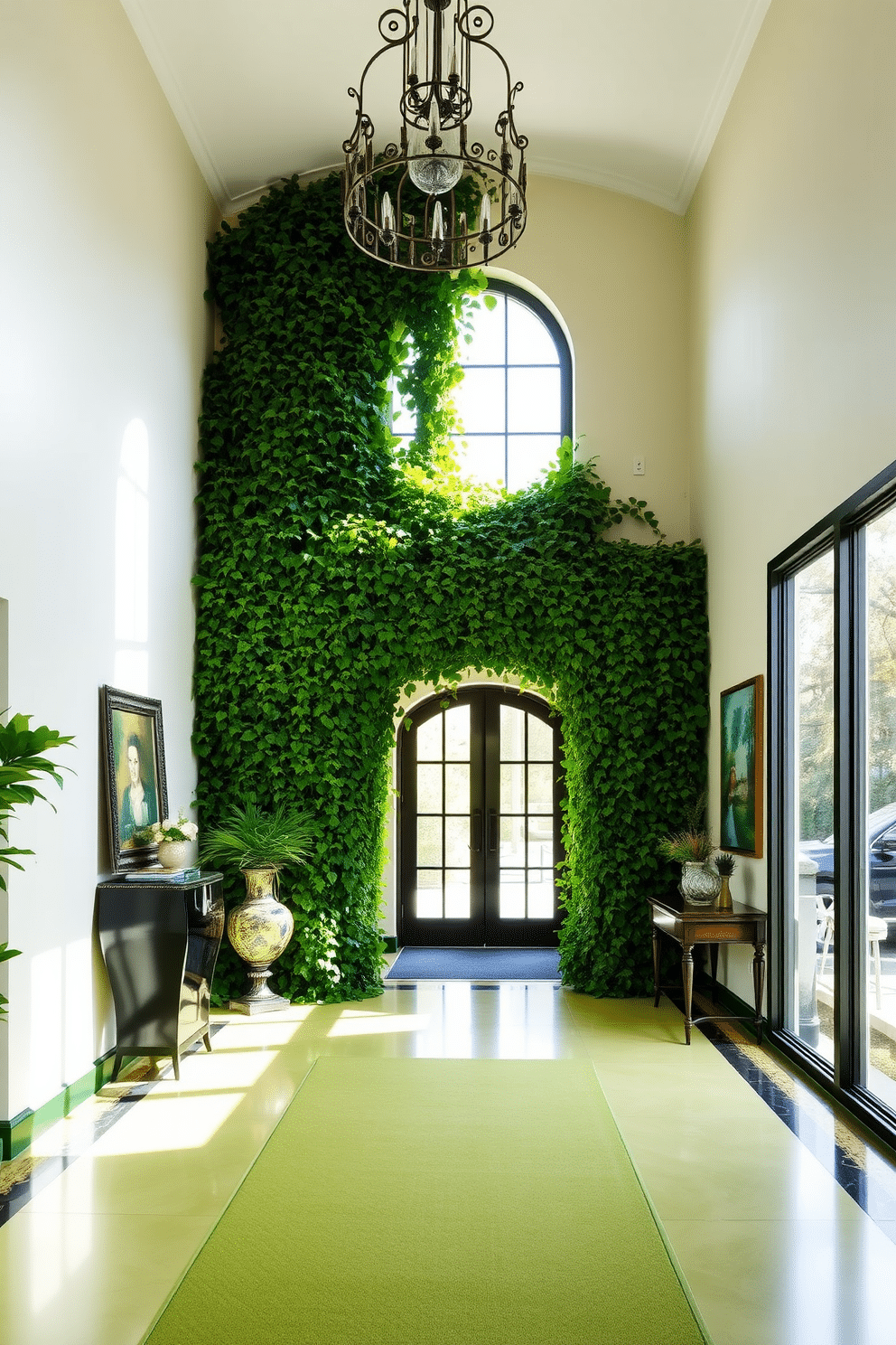 A vibrant green foyer featuring cascading ivy that climbs elegantly along the walls, creating a lush vertical garden effect. The space is illuminated by natural light filtering through a large window, enhancing the rich green tones of the ivy and the surrounding decor.