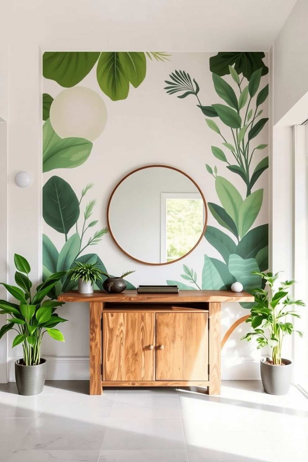 Artistic green mural for focal point. The mural features abstract shapes and botanical elements, creating a vibrant contrast against the soft white walls. Green foyer design ideas include a statement console table made of reclaimed wood, adorned with a large round mirror that reflects natural light. Potted plants in varying heights are arranged along the sides, enhancing the welcoming atmosphere.