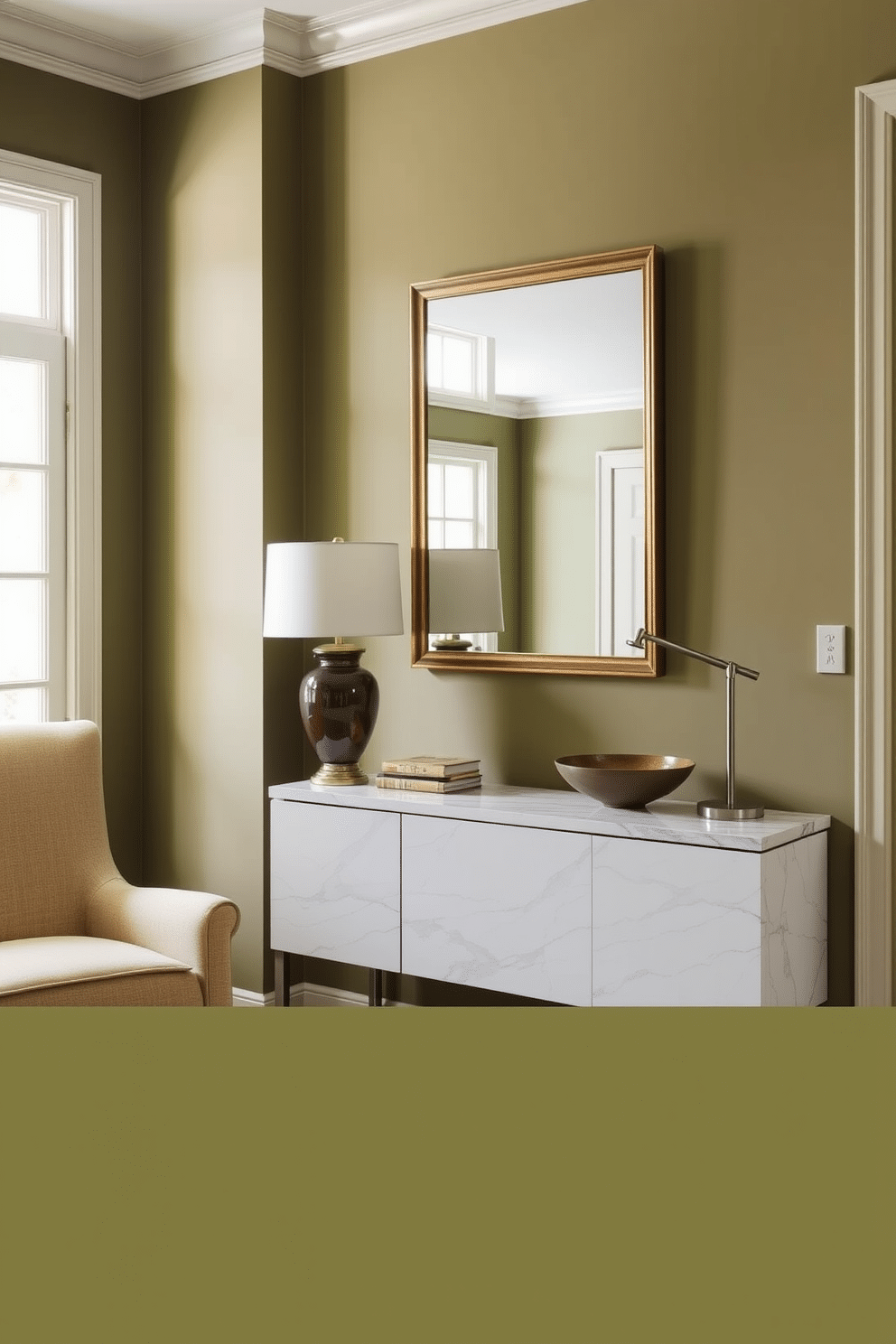 A sophisticated foyer featuring muted olive green walls that create a calming atmosphere. The space includes a sleek console table with a marble top, adorned with a stylish lamp and a decorative bowl. To the left, a plush armchair in a complementary fabric invites guests to sit. A large, framed mirror hangs above the console, reflecting natural light from a nearby window.