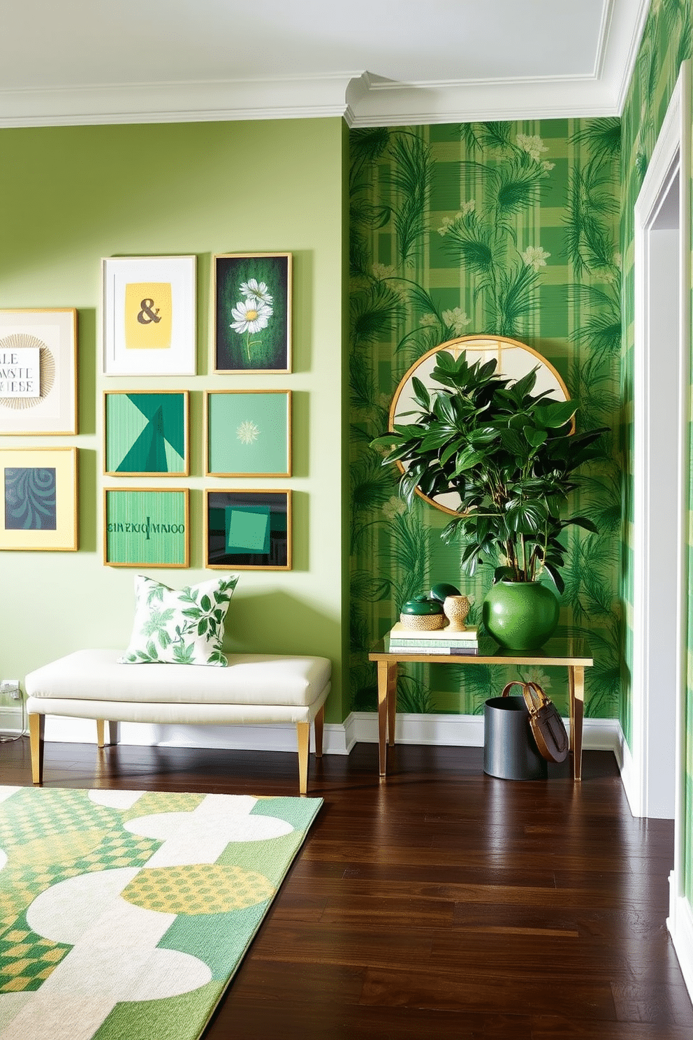 A vibrant foyer featuring a mix of patterned green textiles, including a geometric area rug and floral throw pillows on a sleek bench. The walls are adorned with a soft green hue, complemented by a gallery of art pieces that incorporate various shades of green and gold accents. A sophisticated entrance hall with a statement green wallpaper that combines stripes and floral motifs, creating a dynamic visual effect. A stylish console table is placed against the wall, topped with decorative objects and a lush potted plant that enhances the room's inviting atmosphere.