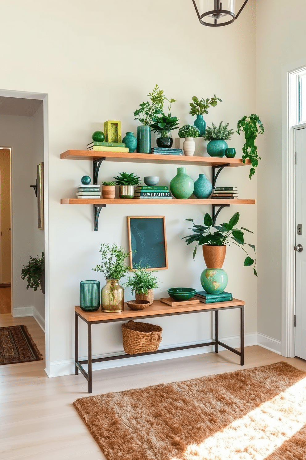 A welcoming foyer featuring open shelving adorned with various green decor items, creating a fresh and vibrant atmosphere. The walls are painted in a soft cream hue, enhancing the natural light that floods the space, while a stylish console table sits beneath the shelves, inviting guests into the home. The open shelves are filled with an assortment of potted plants, decorative books, and artisanal vases, all in varying shades of green. A plush area rug in earthy tones anchors the space, adding warmth and texture to this inviting entryway.