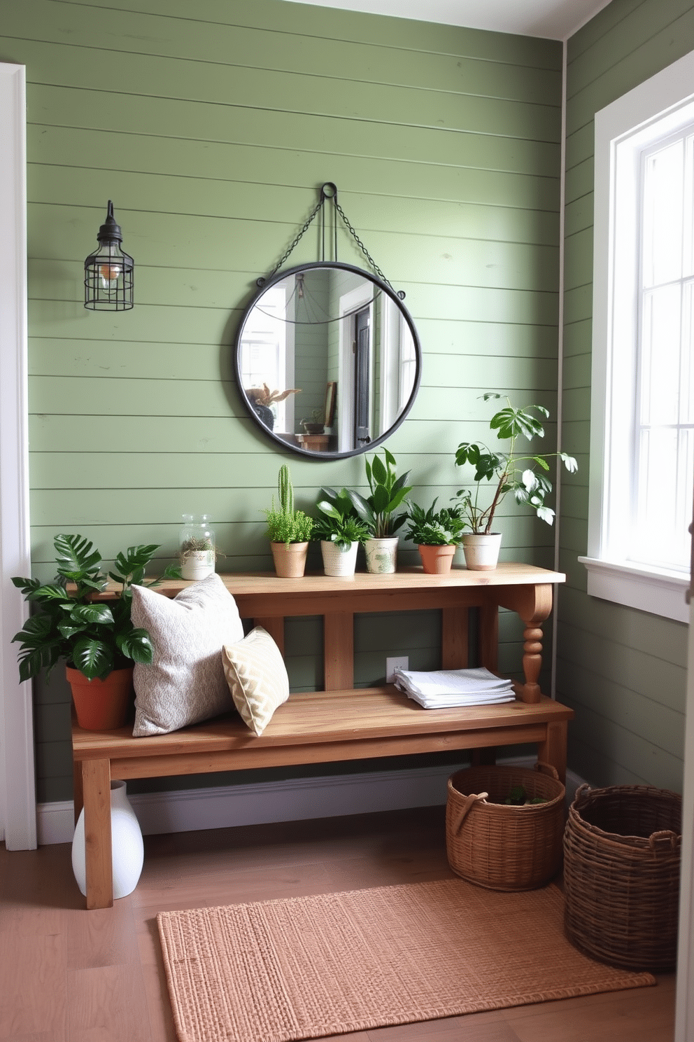 A rustic green shiplap wall creates a charming farmhouse entryway, complemented by a vintage wooden bench adorned with plush, patterned cushions. Natural light filters through a large window, illuminating a collection of potted plants that add a touch of greenery to the space. The foyer features a distressed wooden console table topped with a round mirror in a wrought iron frame. Rustic accents, such as a woven basket for storage and a jute rug, enhance the cozy, welcoming atmosphere.