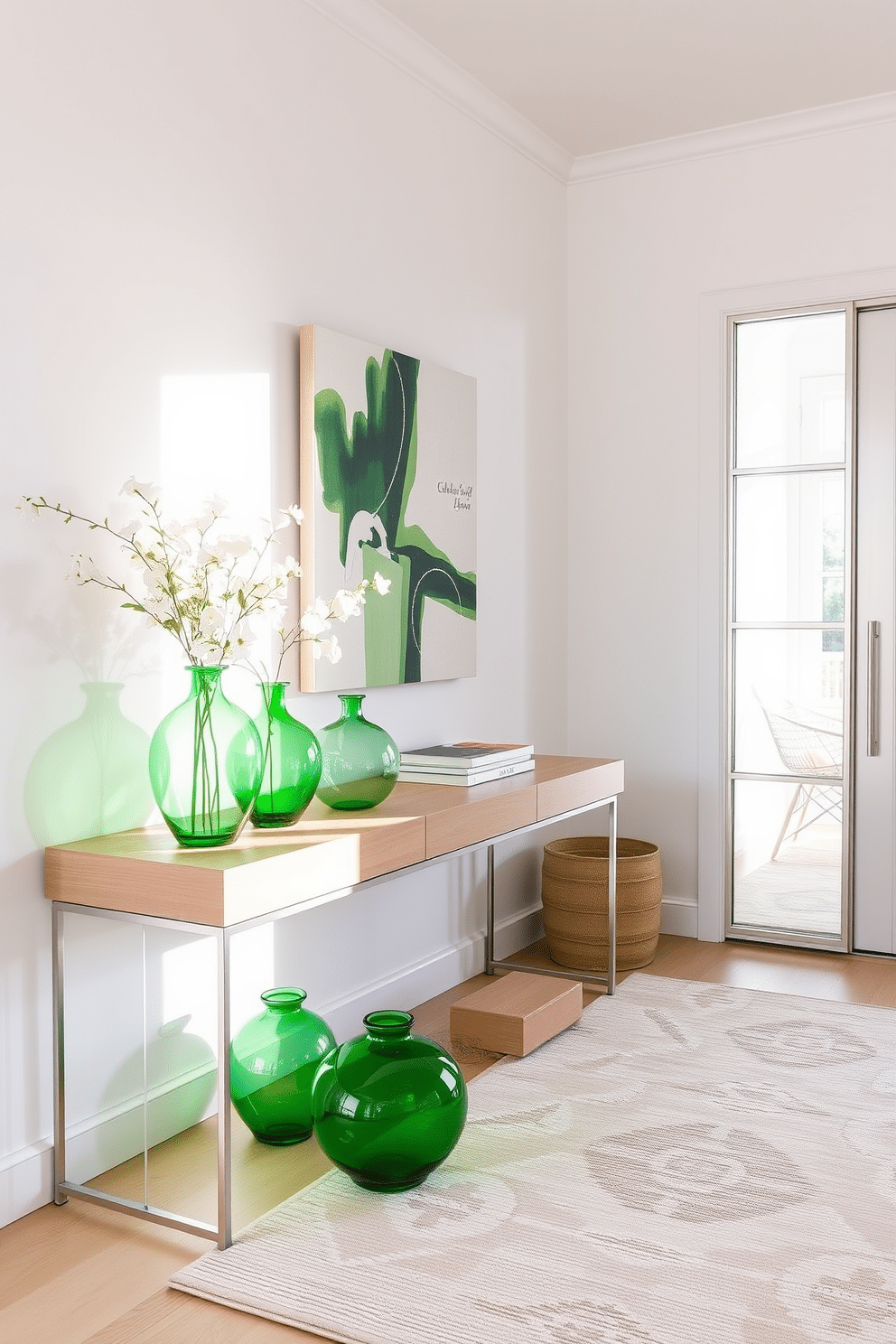 A bright and airy foyer featuring translucent green glass decor accents that catch the light beautifully. The space is enhanced with a sleek console table made of light wood, adorned with a few carefully selected green glass vases and a striking piece of abstract art on the wall. The walls are painted in a soft white, creating a clean backdrop that allows the green accents to pop. A stylish area rug in neutral tones anchors the space, while a large mirror with a minimalist frame reflects the elegance of the decor.