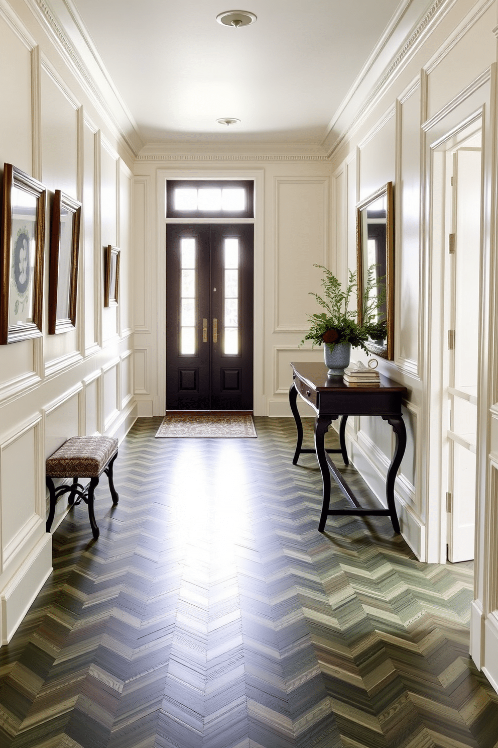 A classic foyer featuring elegant herringbone flooring in varying shades of green. The walls are adorned with soft cream paneling, and a stylish console table rests against one side, topped with a decorative mirror and fresh greenery.